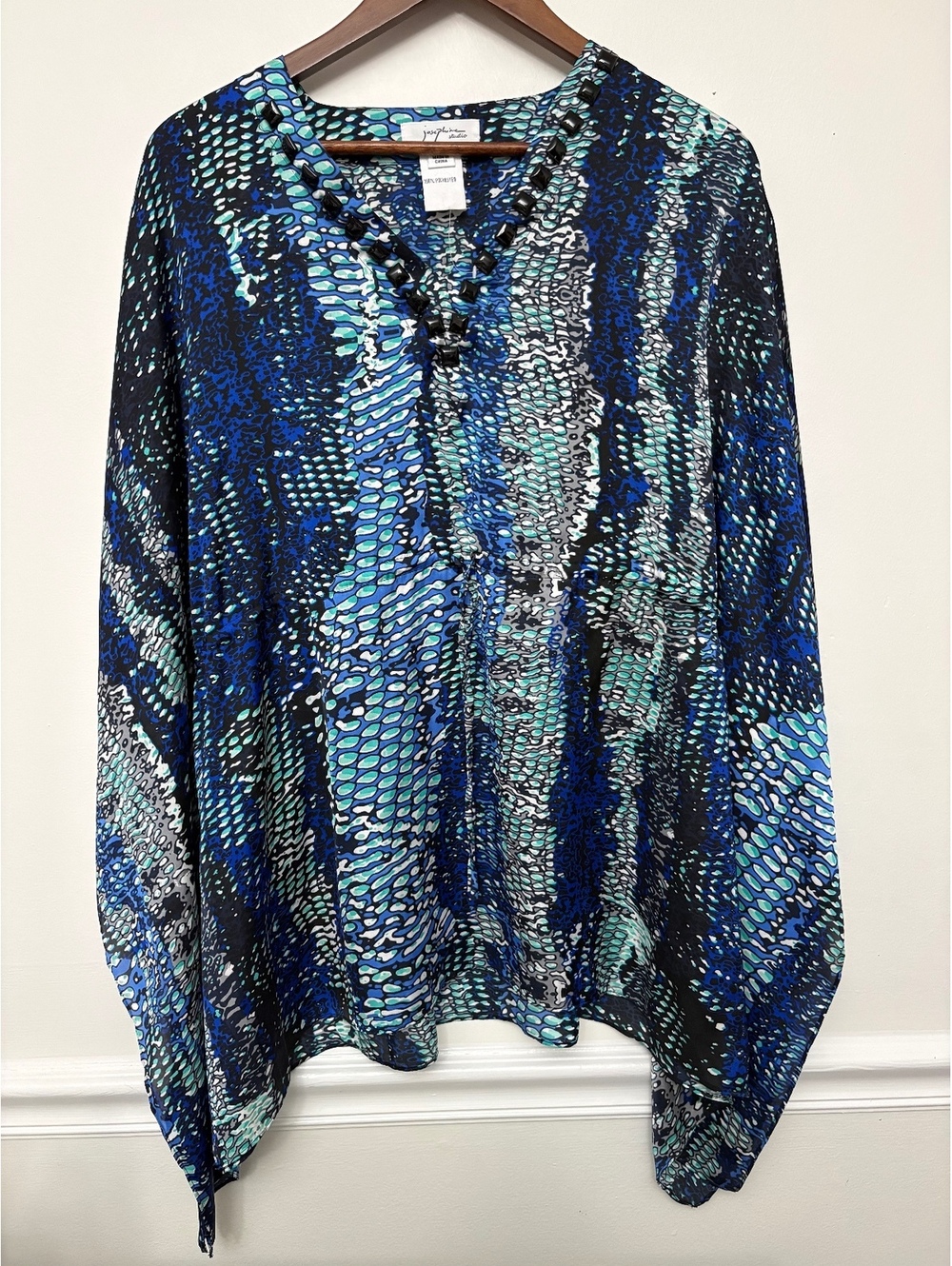 Josephine Studio Blue Beaded Caftan Tunic One Size Abstract Animal Print